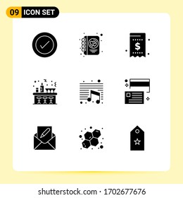 Modern Set of 9 Solid Glyphs and symbols such as music; night; bill; celebration; payment Editable Vector Design Elements