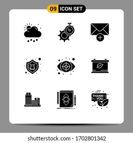 Modern Set of 9 Solid Glyphs and symbols such as eye; shield; watch; security; danger Editable Vector Design Elements