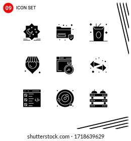 Modern Set of 9 Solid Glyphs and symbols such as brower; supermarket; security; shop; meal Editable Vector Design Elements
