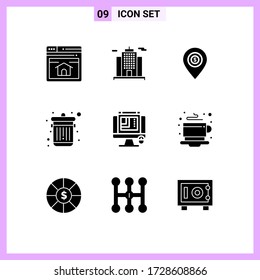 Modern Set of 9 Solid Glyphs Pictograph of web graphics; css design; map; trash; delete Editable Vector Design Elements