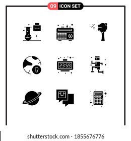 Modern Set Of 9 Solid Glyphs Pictograph Of Minute; Protection; Arbor; Padlock; Internet Editable Vector Design Elements