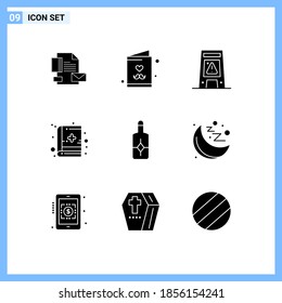 Modern Set of 9 Solid Glyphs Pictograph of beach; medical book; card; book; warning Editable Vector Design Elements