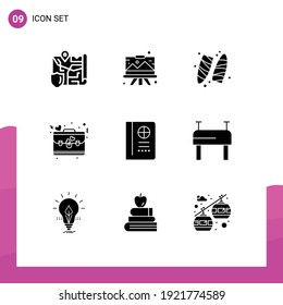 Modern Set of 9 Solid Glyphs and symbols such as passport; day; painting; briefcase; surfing Editable Vector Design Elements