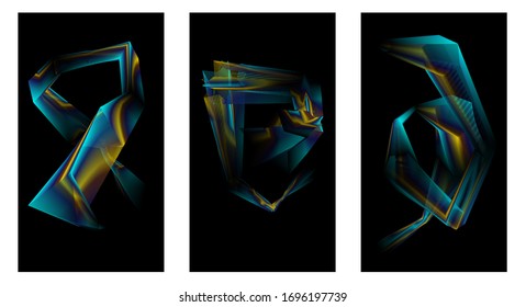 Modern set of abstract 3D style linear covers.
Black background with bright linear abstractions in gold and light blue. Futuristic design. Vector eps 10.