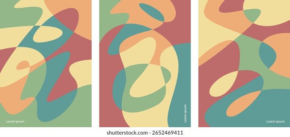 Um conjunto moderno de planos de fundo abstratos com formas orgânicas suaves com uma paleta de cores suaves de verde, amarelo, vermelho e laranja