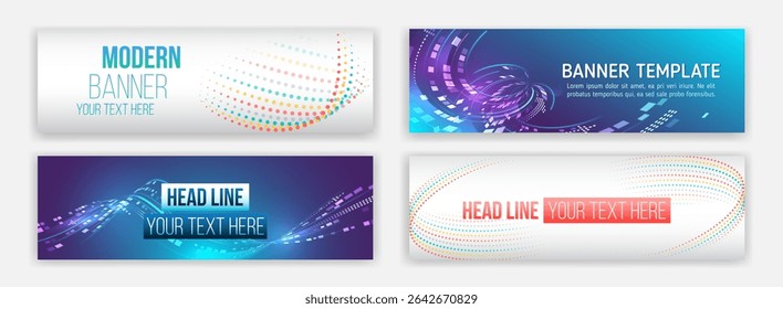 A modern set of abstract banners with colorful dots, digital waves, and tech-inspired designs. Ideal for presentations, websites, business headers, and creative projects.