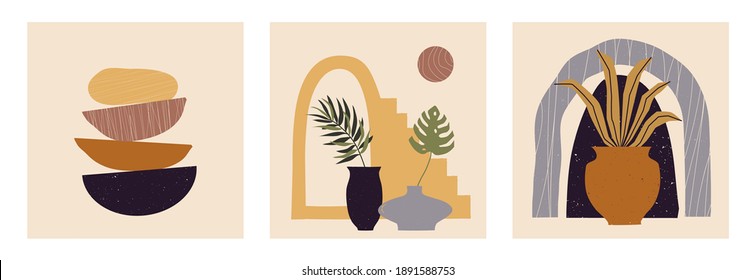 Modern set of abstract contemporary aesthetic backgrounds with geometric balance shapes, stairs, plants, pots. Trendy mid century modern art poster prints, boho minimalistic wall decor