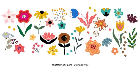 Conjunto moderno de elementos abstractos flores y hojas, diseño mínimo brillante, ilustración vectorial