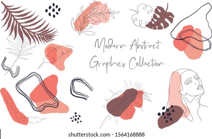 Modern set of abstract elements, trendy leaves and colors. Continuous line, drawing of abstract woman face, woman beauty minimalist with geometric doodle and leaves palms, monstera.