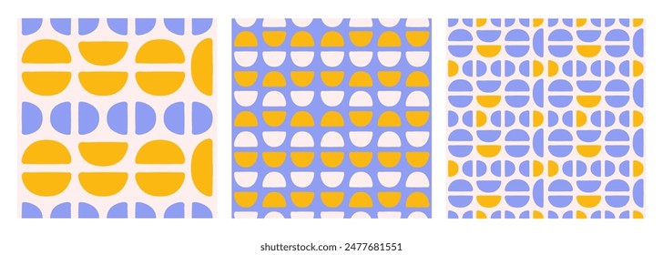 Modern set of abstract geometric seamless patterns with semi circles and circles. Blue, beige and yellow colors. Vector illustration