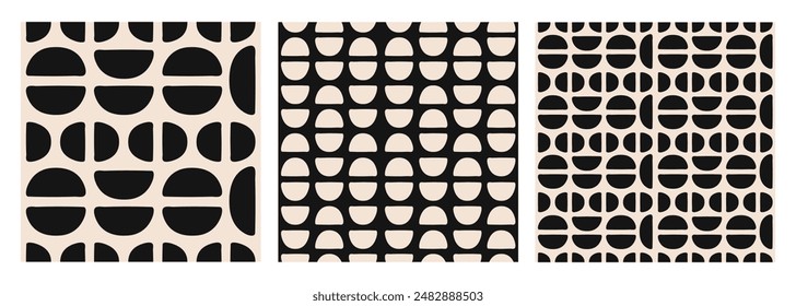 Modern set of abstract geometric seamless patterns with semi circles and circles. Black and beige colors. Vector illustration
