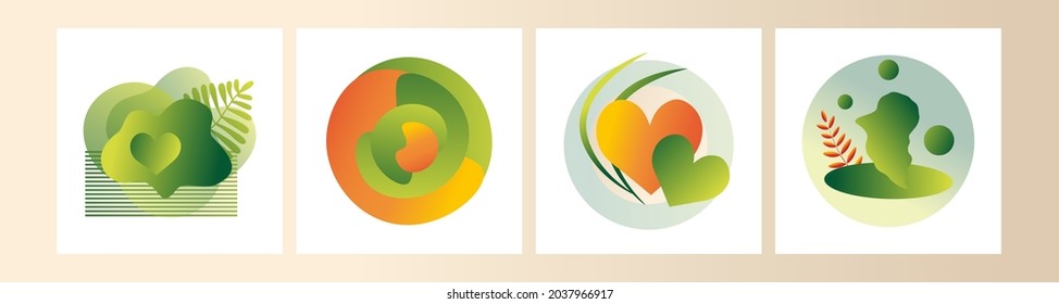Modern set of abstract gradient compositions for logos, designs, highlights in green and orange colors. Vector trending abstraction of shapes and geometry, minimalism 