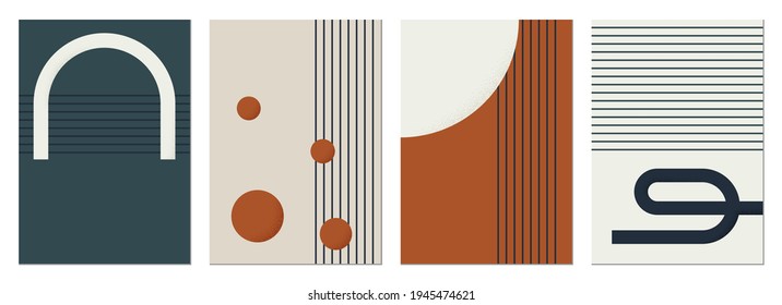 Modern set of abstract, minimalistic compositions. Boho style wall decor. Modern geometric compositions and shapes. Posters with geometric shapes, vector. Perfect for a postcard or brochure design