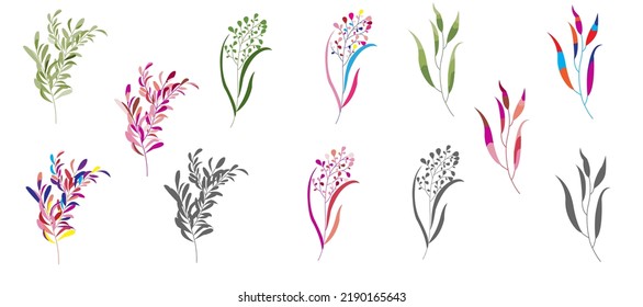 Modern set of abstract plant elements, minimal design, style and trend, vector illustration