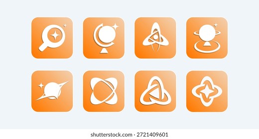 Un conjunto moderno de iconos abstractos de la ciencia y el espacio que se muestran en Botones cuadrados redondeados con un fondo de gradiente naranja cálido. La colección presenta símbolos mínimos de líneas blancas inspirados en la astronomía, los átomos, las estrellas, los planetas y la tecnología futurista. Diseño de íconos limpio, plano y contemporáneo adecuado para App móviles, interfaces de usuario, paneles, Diseño web, startups, educación y proyectos científicos o tecnológicos
