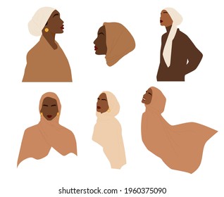 Modern set of abstract women in hijabs. Pretty muslim girl. Beautiful black woman. Vector illustration isolated on white background.