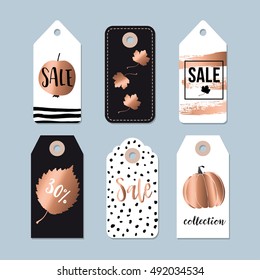 Modern set of autumn, fall sale and quality labels, gift tags. Lettering, hand drawn leaves, apple, pumpkin elements. Isolated vector objects, illustrations. 