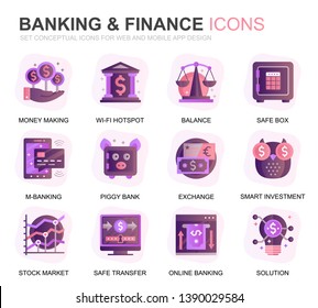 Modern Set Banking and Finance Gradient Flat Icons for Website and Mobile Apps. Contains such Icons as Balance, E-Banking, Auction, Financial Growth. Conceptual color flat icon. Vector pictogram pack.