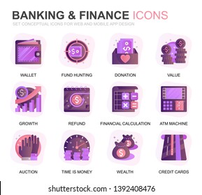 Modern Set Banking and Finance Gradient Flat Icons for Website and Mobile Apps. Contains such Icons as Balance, E-Banking, Auction, Financial Growth. Conceptual color flat icon. Vector pictogram pack.