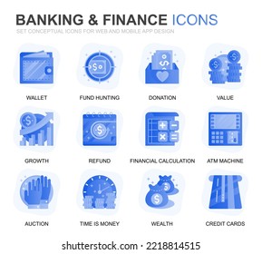 Modern Set Banking and Finance Gradient Flat Icons for Website and Mobile Apps. Contains such Icons as Balance, E-Banking, Auction, Financial Growth. Conceptual color flat icon. Vector pictogram pack.