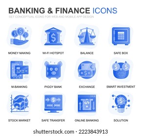 Modern Set Banking and Finance Gradient Flat Icons for Website and Mobile Apps. Contains such Icons as Balance, E-Banking, Auction, Financial Growth. Conceptual color flat icon. Vector pictogram pack.