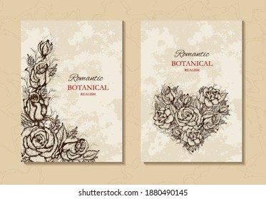 modern set of banners, cards, flower isolated composition of a bouquet of handmade roses. vertical background, Wallpaper, postcard with space for text. sketch, sketch in vintage style.