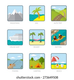 Modern set of beautiful summer and travel icons in trendy flat design: mountains, a tropic island, a road, a cruise ship, palm trees and a hammock, rafters, a lake, beach and sea coast, camping place.