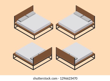 Modern set bedroom design in isometric style vector illustration of family double wooden bed with mattress, two white pillows and background.