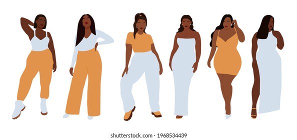 Modern set of black curvy women, great design for any purposes. Beauty fashion female figure. Vector set. Attractive beautiful girl portrait.