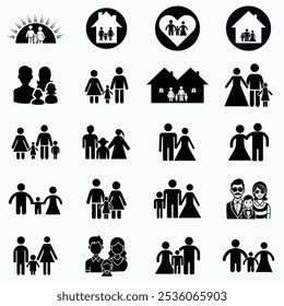 A modern set of black family icons in vector format. Features parents, children, and family activities. Perfect for apps, websites, and social projects related to family and relationships.