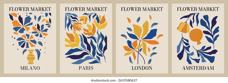 Modern set of boho wall art with flowers. Posters. Abstract groovy wallpaper. Funky. Botanical.  Retro vintage floral. Cut out. Hand drawn. Templates. 60s. 70s. Plants. Naive trendy organic elements