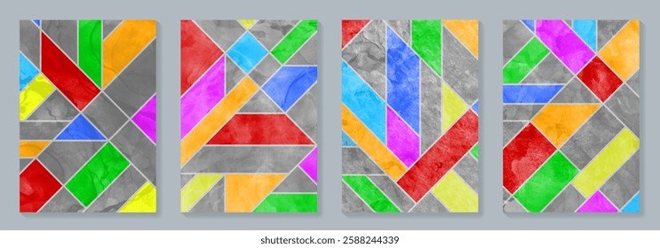 Modern set of bright designer covers with geometric shapes and gray grungy texture. Stained glass window texture. 