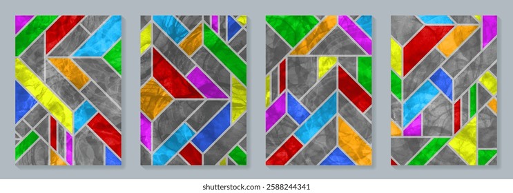 Modern set of bright designer covers with geometric shapes and gray grungy texture. Stained glass window texture. 