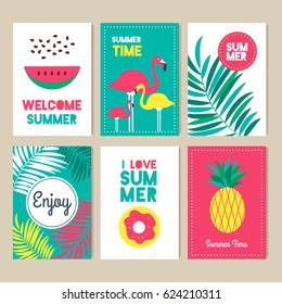 
A modern set of bright summer cards. Vector summer posters with pineapple, watermelon, palm, flamingo.