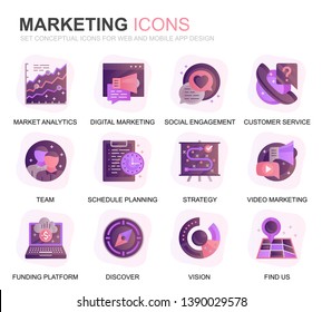 Modern Set Business and Marketing Gradient Flat Icons for Website and Mobile Apps. Contains such Icons as Vision, Mission, Planning, Market. Conceptual color flat icon. Vector pictogram pack.