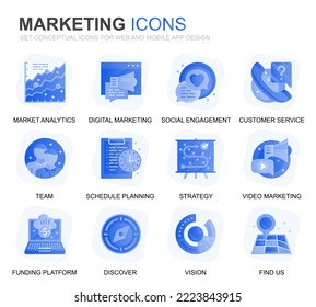 Modern Set Business and Marketing Gradient Flat Icons for Website and Mobile Apps. Contains such Icons as Vision, Mission, Planning, Market. Conceptual color flat icon. Vector pictogram pack.