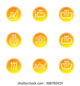 Modern set of car heating system icons in yellow, white and orange colors. Automotive Winter Pack collection. Vector illustration.