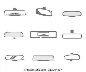 Modern set of car rear mirror icons in grey and white colors. Automotive collection. Vector illustration.