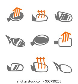 Modern set of car side mirror icons in grey, white and orange colors. Automotive collection. Vector illustration.