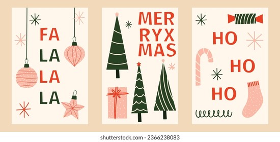 Un conjunto moderno de tarjetas navideñas. Plantilla creativa Feliz Navidad y Año Nuevo. Un ambiente festivo agradable e insólito. Saludos de invierno hechos a mano. La temporada invernal de satisfacción de deseos.