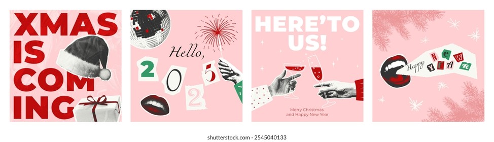 Modern set of Christmas and New Year designs in pink, red, and green for social media, digital greetings, festive promotions. Bold, retro-inspired typography and fun holiday graphics for playful vibe.