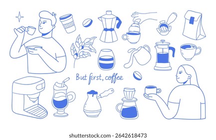 modern set of coffee elements. hand-drawn doodles for creating modern designs of postcards, banners, templates