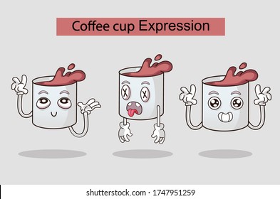 Modern set of Coffee Mug Cartoon Character Expression. Vector illustration