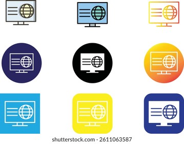 A modern set of computer monitor icons with globe and content lines, representing internet, global access, websites, content management, and online dashboards.