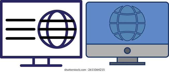 A modern set of computer monitor icons with globe and content lines, representing internet, global access, websites, content management, and online dashboards.