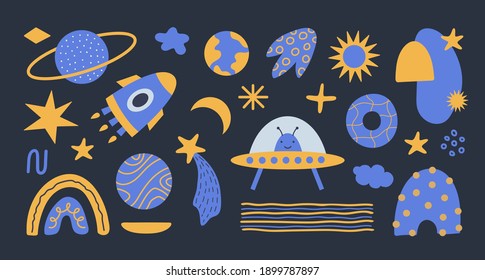 Modern  set with cosmic elements, doodle objects and line shapes. Hand drawn vector illustration in yellow and blue colors isolated on dark background. 