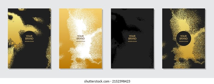 Modern set of creative covers. Black embossed and gold background with marble texture of spots, sparkles, splashes. Collection of vertical templates for design and decor.