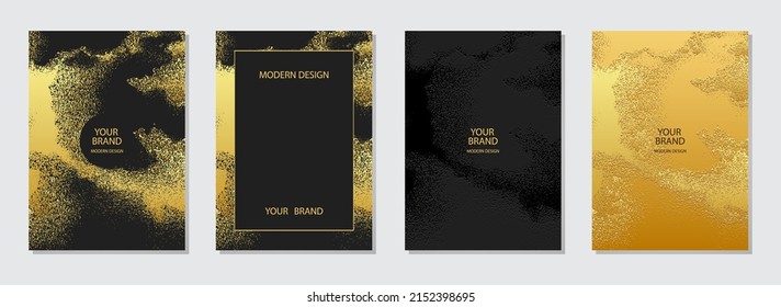 Conjunto moderno de portadas creativas. Borde negro y fondo dorado con textura de mármol de manchas, chispas, salpicaduras. Colección de plantillas verticales para diseño y decoración con espacio para texto.