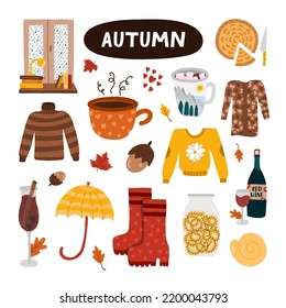 Modern set of cute and cozy illustration with red autumn isolated on background Colorful fall in modern style. Hand drawn vector clipart of seasonal clothes, shoes, food, drinks, home decor.