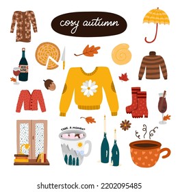 Modern set of cute and cozy illustration with red autumn isolated on background Colorful fall in modern style. Hand drawn vector clipart of seasonal clothes, shoes, food, drinks, home decor.